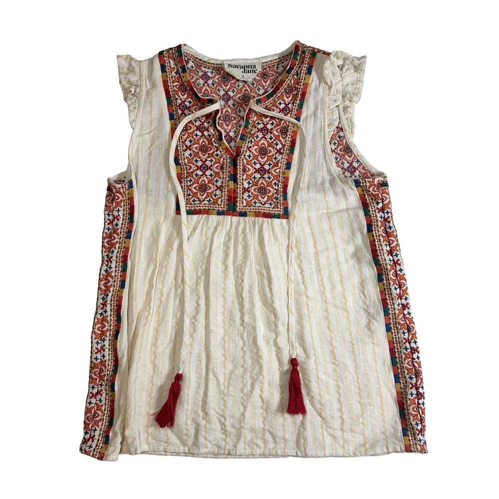Savanna Jane SMALL Striped Colorful Embroidered Peasant Linen Blend Boho Top